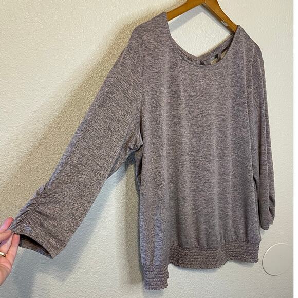 Apt. 9 Long Sleeve Cross Strap Low Back Smocked Waist Top XL Heathered Gray Pink - Picture 3 of 11